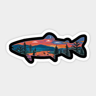 Trout Silhouette Fly Fishing Mountain Sunset River Stream Art Sticker